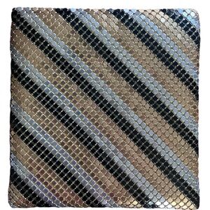 Y&S Vintage Silver Gold Black Diagonal Stripe Metal Mesh Clutch Handbag Purse